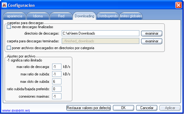 pestaña configuracion downloading del eXeem